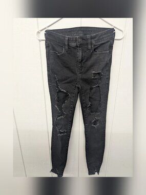 American Eagle Skinny Jeans Women 00 Short Black Distressed Stretch